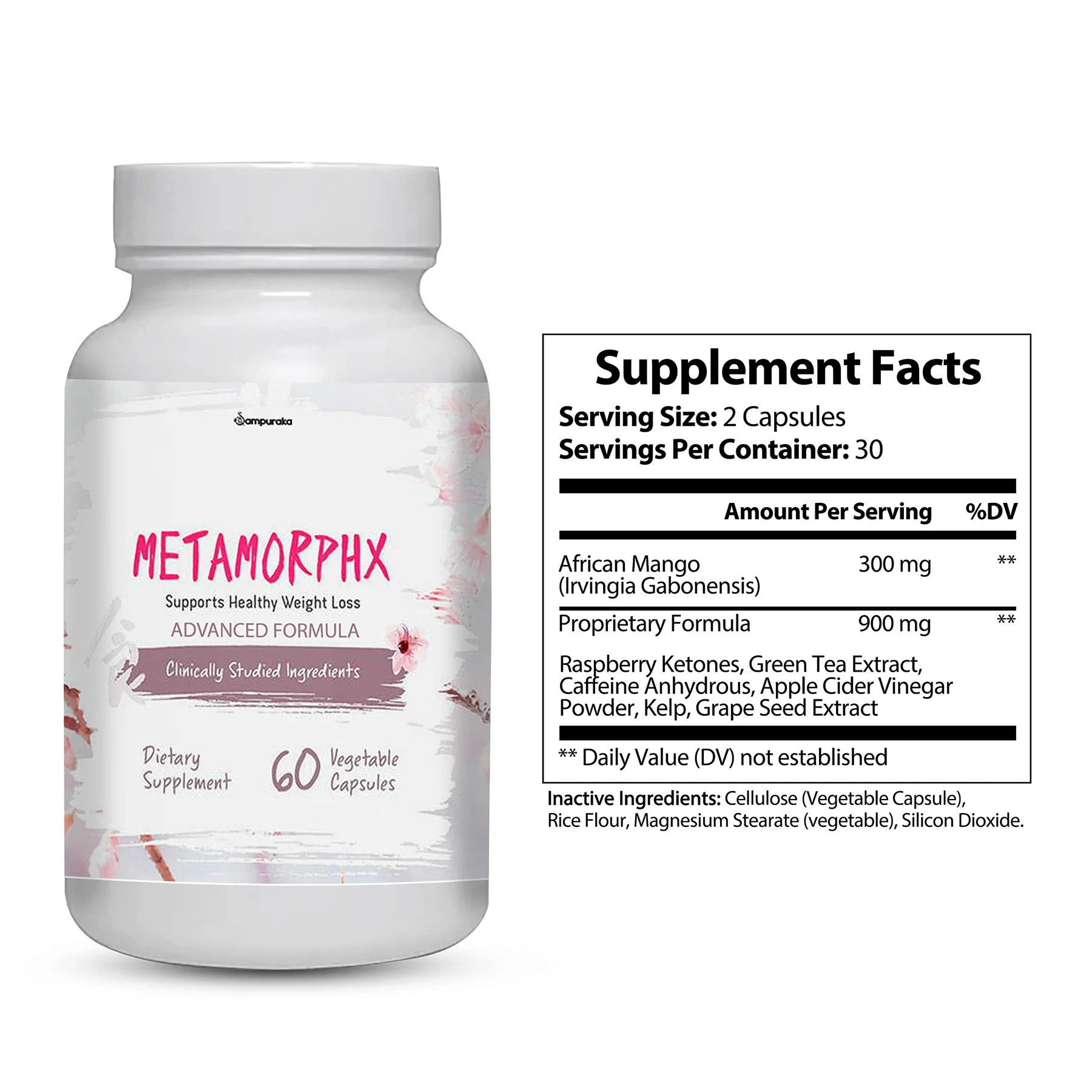 MetaMorphX bottle with its Supplement Facts panel showing African mango and the 900 mg proprietary formula